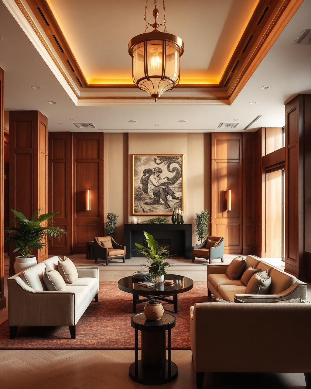 Hotel lobby with warm lighting